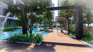 Không gian bể bơi ngoài trời rộng 320m2 phong cách resort dành cho người lớn và trẻ em tại chung cư K8.