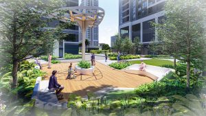 Chòi nghỉ và ghế đá thư giãn được bố trí tinh tế bên trong công viên nội khu Starlake.