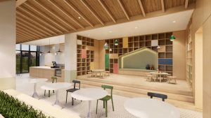 Không gian Kids & Mom Cafe kết hợp thư viện đọc sách bằng gỗ ấm cúng tại The Prime Ngoại Giao Đoàn.