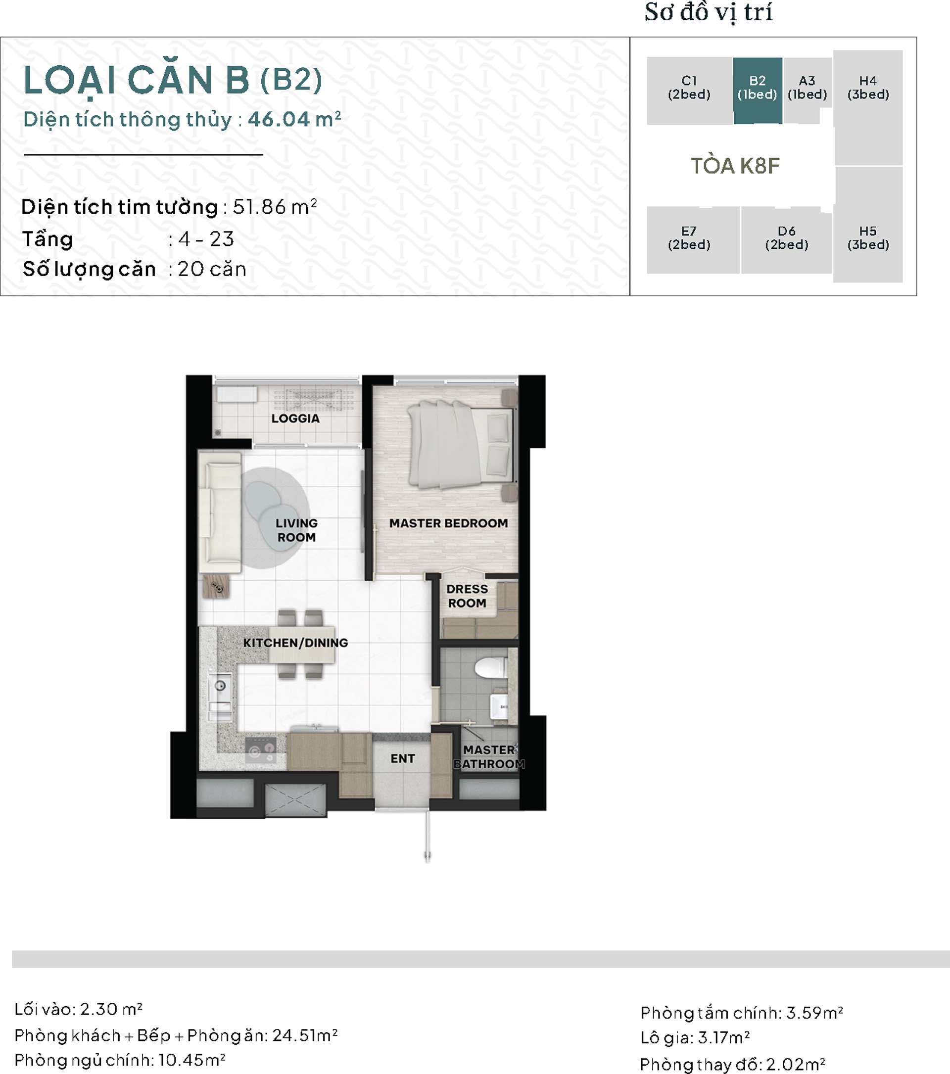 Mặt bằng căn hộ 1 phòng ngủ 46m2 K8HH1