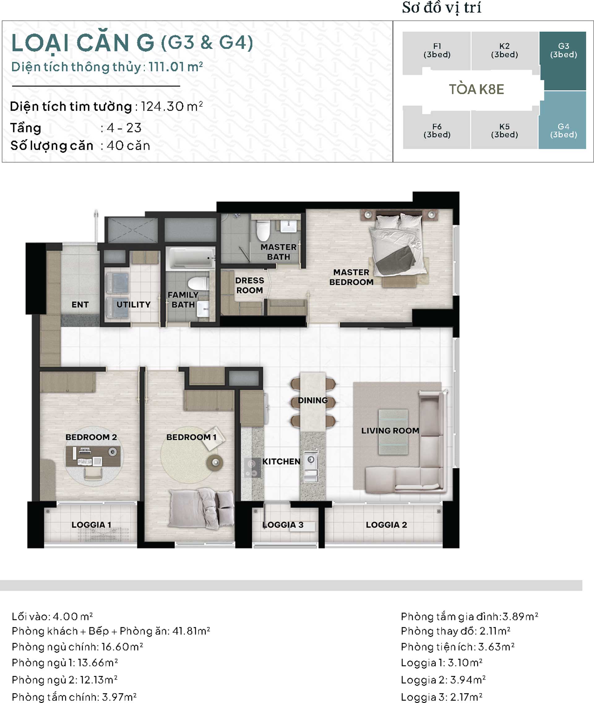 Mặt bằng căn hộ 3 phòng ngủ mã H diện tích 111m2 chung cư K8HH1