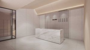 Quầy sảnh lễ tân khu vực phòng xông hơi Sauna & Spa mang tông màu thanh lịch tại The Prime.